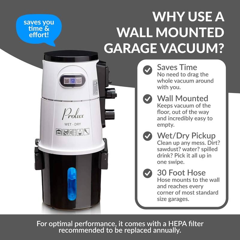 Prolux Professional Wall Mounted Garage Shop Vacuum Wet Dry Pick Up