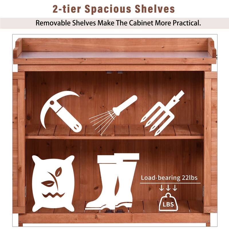 39" Potting Bench Table, Rustic Wood Workstation Storage Cabinet Garden Shed with 2-Tier Shelves and Side Hook