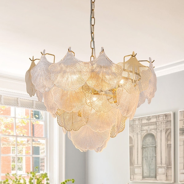 8-Light Chandelier, Brass/Chrome Frame, Ginkgo/Leaf Pattern - On