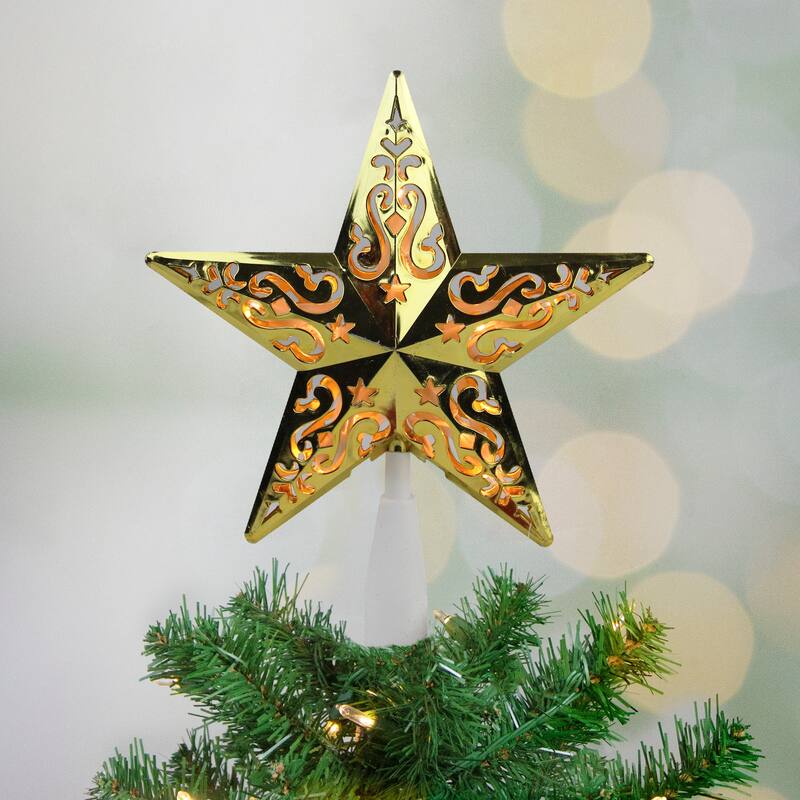 8.5" Gold and White Star Design Christmas Tree Topper - Clear Lights