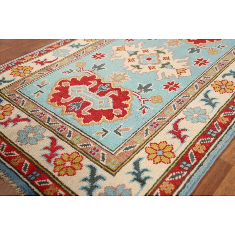 Aqua Blue Kazak Foyer Rug Handmade Wool Carpet - 2'7"x 4'3"