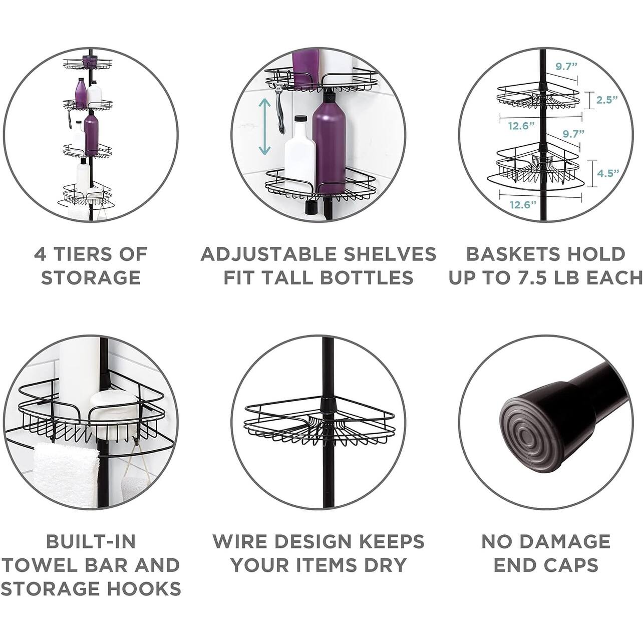 RustResistant Corner Shower Caddy for Bathroom, 4 Adjustable Shelves