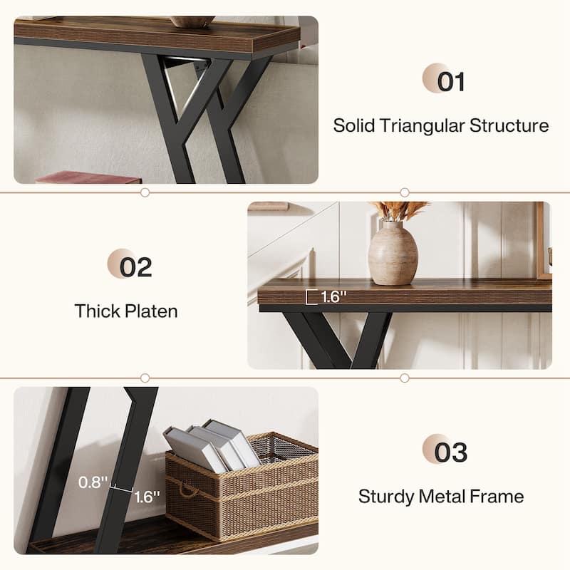 Industrial Sofa Table Behind Couch with 2-tier Storage Shelf for Hallway