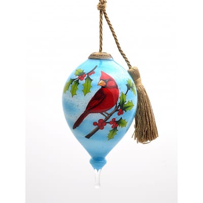 Red Cardinal on Christmas Holly Branches Hand Painted Mouth Blown Glass Ornament - 4.75" x 2.5" x 2.5"