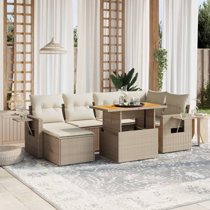 vidaXL Patio Sofa Set with Cushions Outdoor Conversation Furniture Poly Rattan - 21.7 x 39.4 x 28.7 - Beige and Cream-without storage
