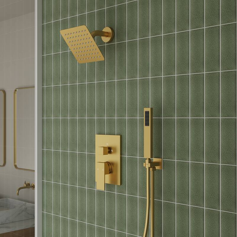 Wall Mounted 6 in Rain Shower Head Bathroom Shower Faucet Set 2-Setting Square Shower System With Rough-In Valve, & Handheld - Brushed Gold