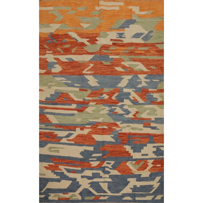 Hand Woven Oriental 100% Wool Carpet Southwestern Modern Multi-Colored Kilim Area Rug - 6' 6'' X 4' 10''