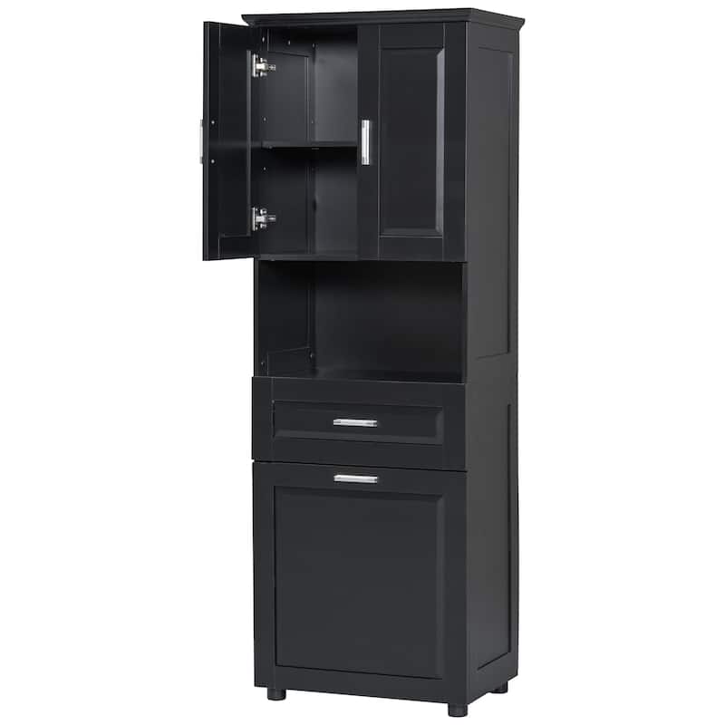 Waterproof Bathroom Cabinet with Tilt-Out Laundry Basket, Large Double Door Storage Cabinet with Adjustable Shelf and Drawer
