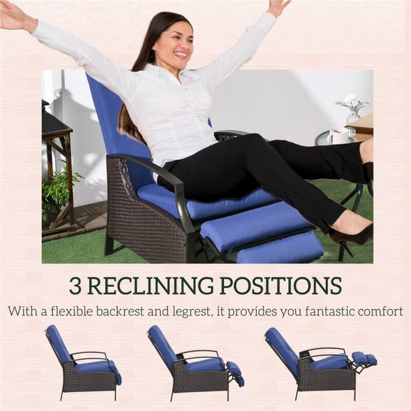 Outdoor Recliner Chair with Cushions Hand Woven PE Wicker Steel Frame Adjustable Three Position Patio Lounge Chair