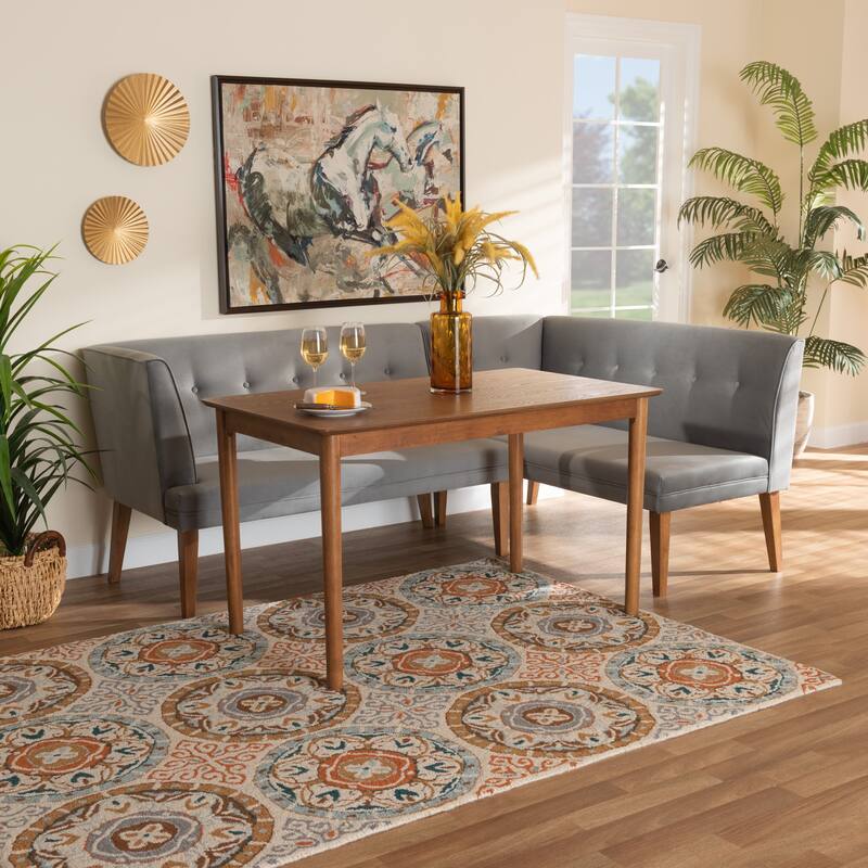 Stewart Mid-Century Grey Velvet Upholstered Wood Dining Nook Set