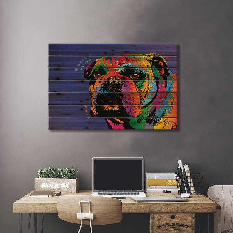 Rainbow Bulldog Print On Wood by Michael Tompsett - Multi-Color
