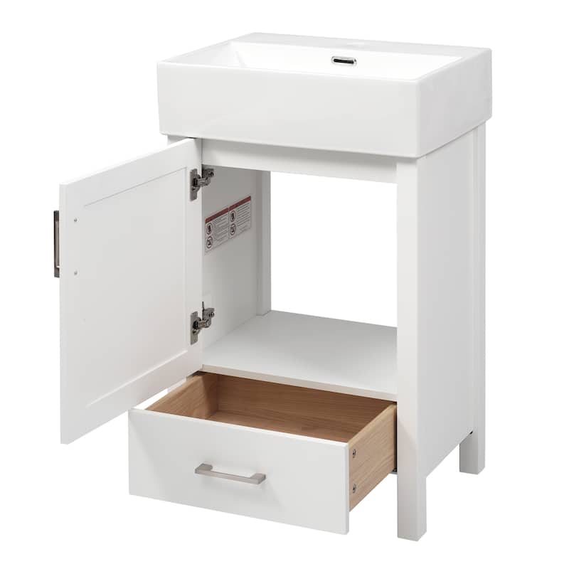 Minimalist Design Storage Cabinet Bathroom Vanity with Drop-In Ceramic Sink, Drawer, Silver Metal Handles and Plastic Feet Pads
