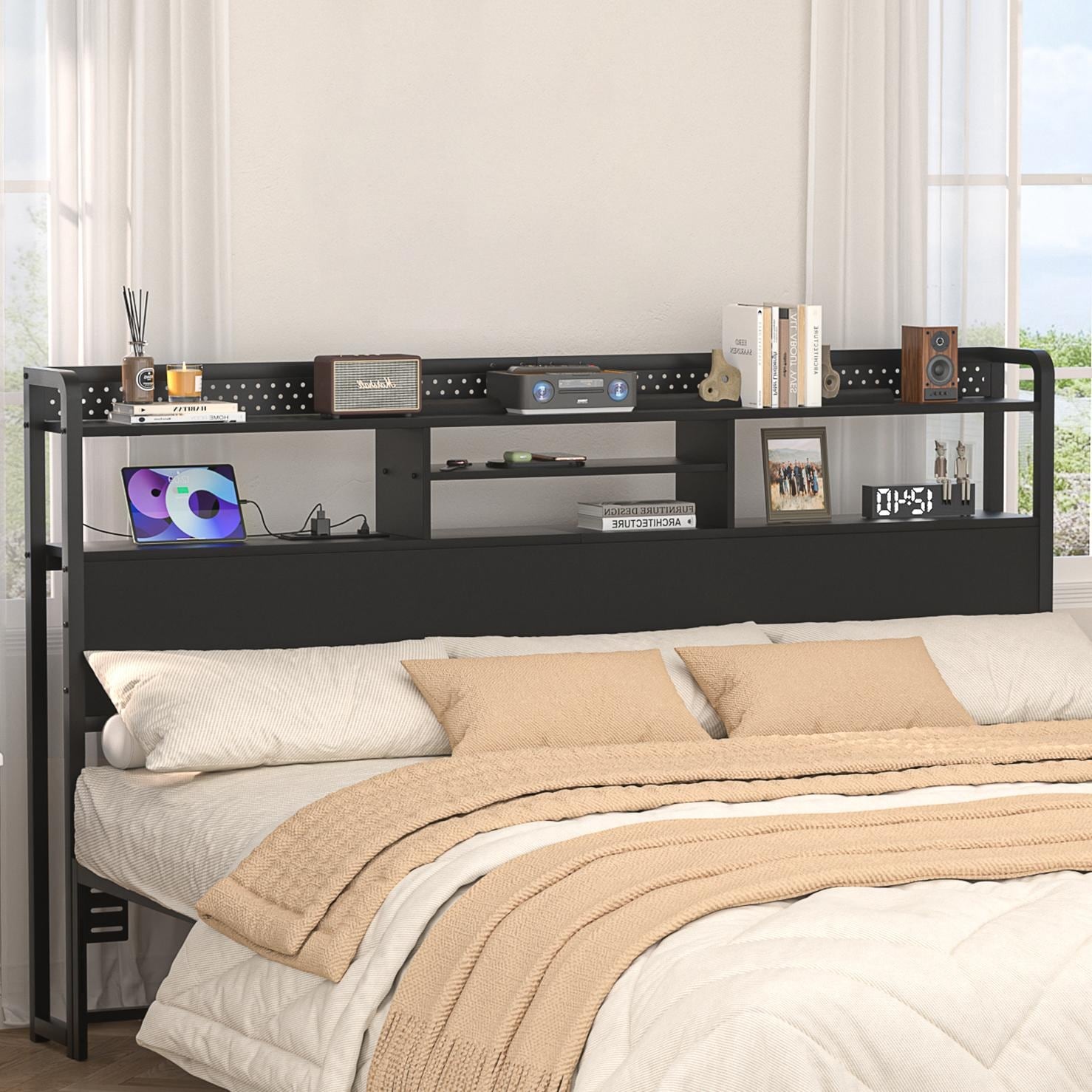 Bed Headboard with Storage Shelf and Charge Station, Height Adjustable Headboard with LED Light