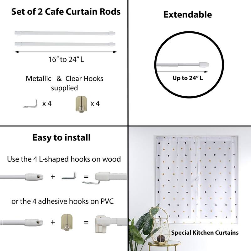 Bundle 2 Cafe Curtain Rods with 4 Self Adhesive Matching Hooks