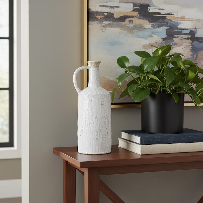 13" White Terracotta Cylinder Jug Vase - 5.30 - White - 5.30