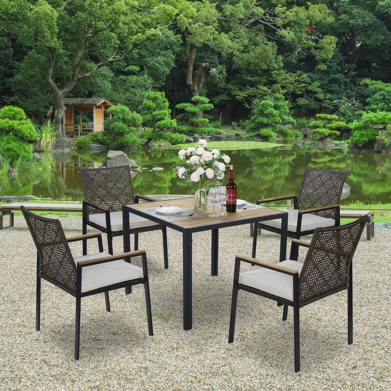 All Weather 5-Piece Patio Dining Table Sets, Patio Conversation Set Acacia Wood Table Top with Umbrella Hole, Rattan Outdoor