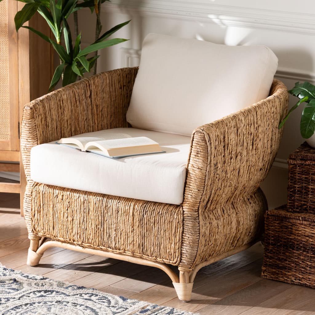 Roma Rattan and Seagrass Armchair with Cushions - Handwoven Lounge Chair with Wide Armrests and Sculptural Base, Boho Coastal