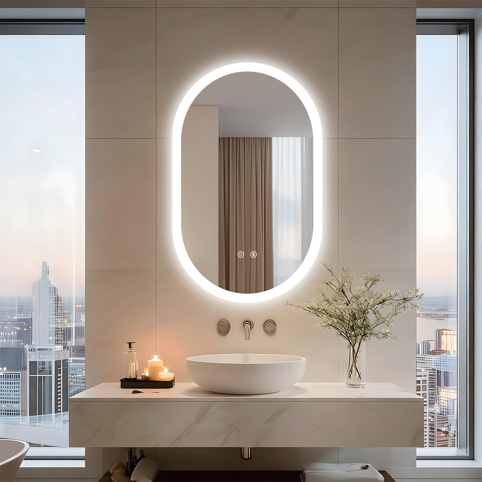 Oblong Oval Tempered Glass Wall-Mounted Bathroom Mirror Backlit LED Vanity Mirror