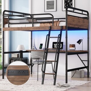 Metal Loft Bed with Desk, LED Lights & USB Charging Station, Loft Bed Frame with Safety Guardrails