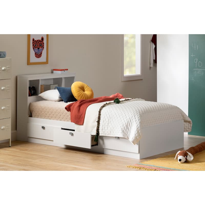 Modern Twin Bed with Drawers - Minimalism Style Platform Bed, White Finish, 39 Inch, Engineered Wood