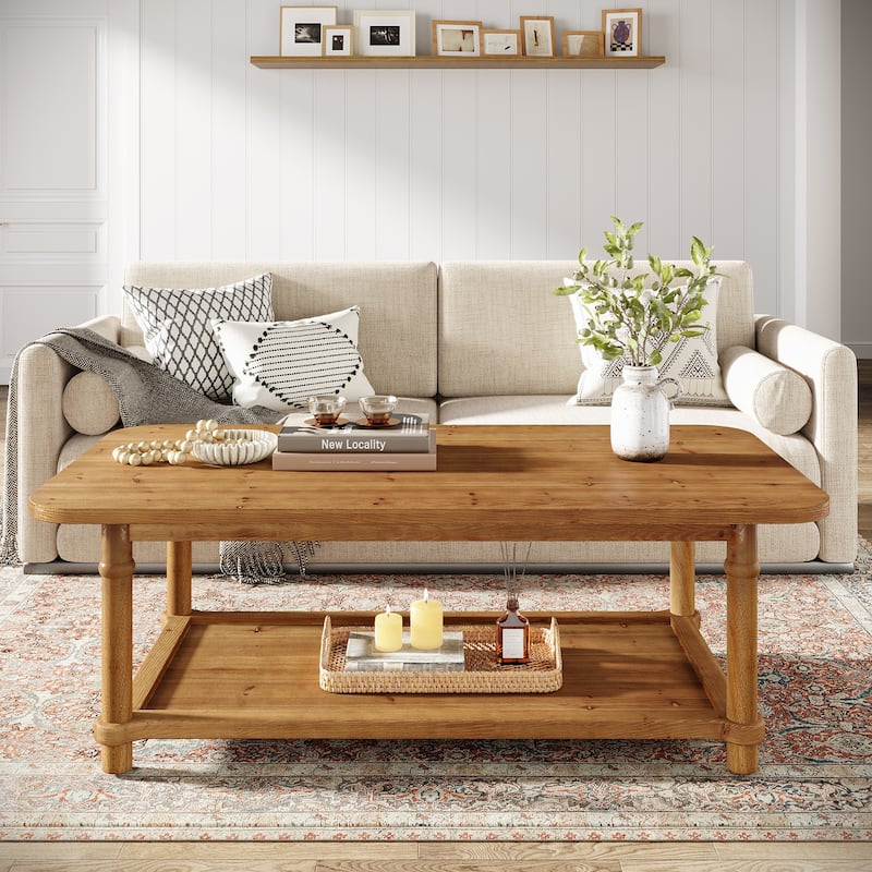 47" Rectangle Coffee Table with Storage Shlef, Solid Wood, Turned Leg