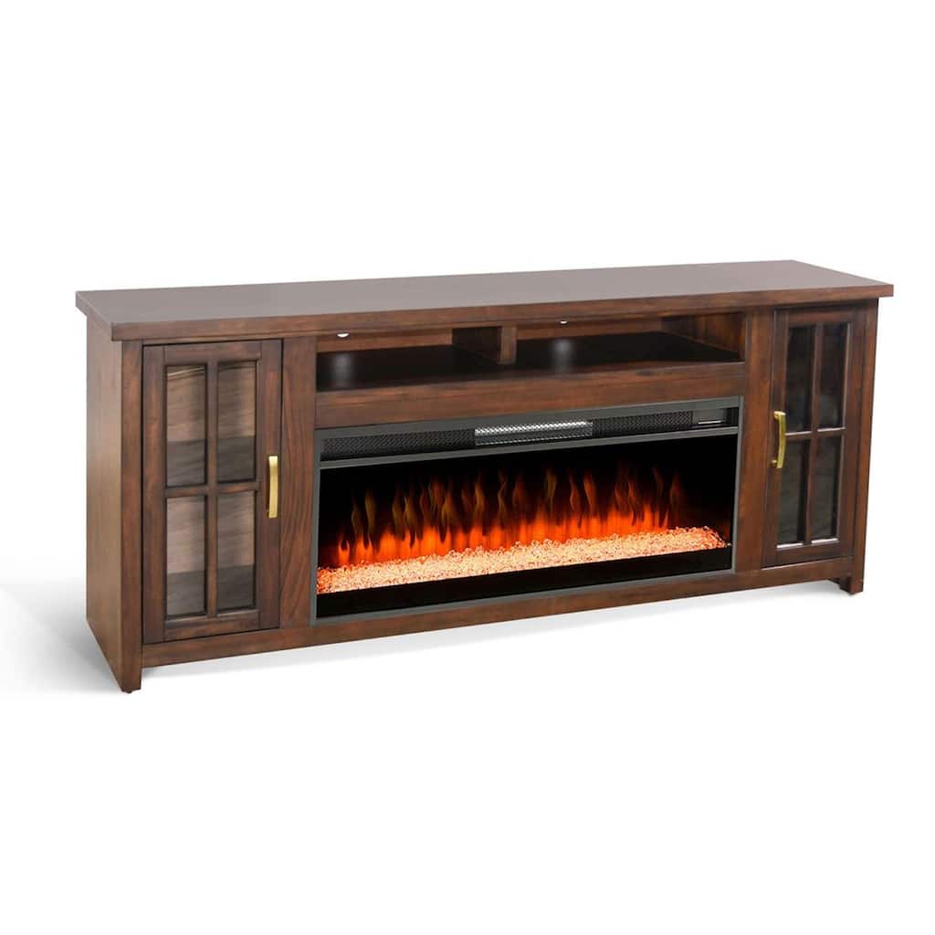 Gery TV Media Console w Crystal Fireplace, 76 Inch, 2 Cabinets, Brown