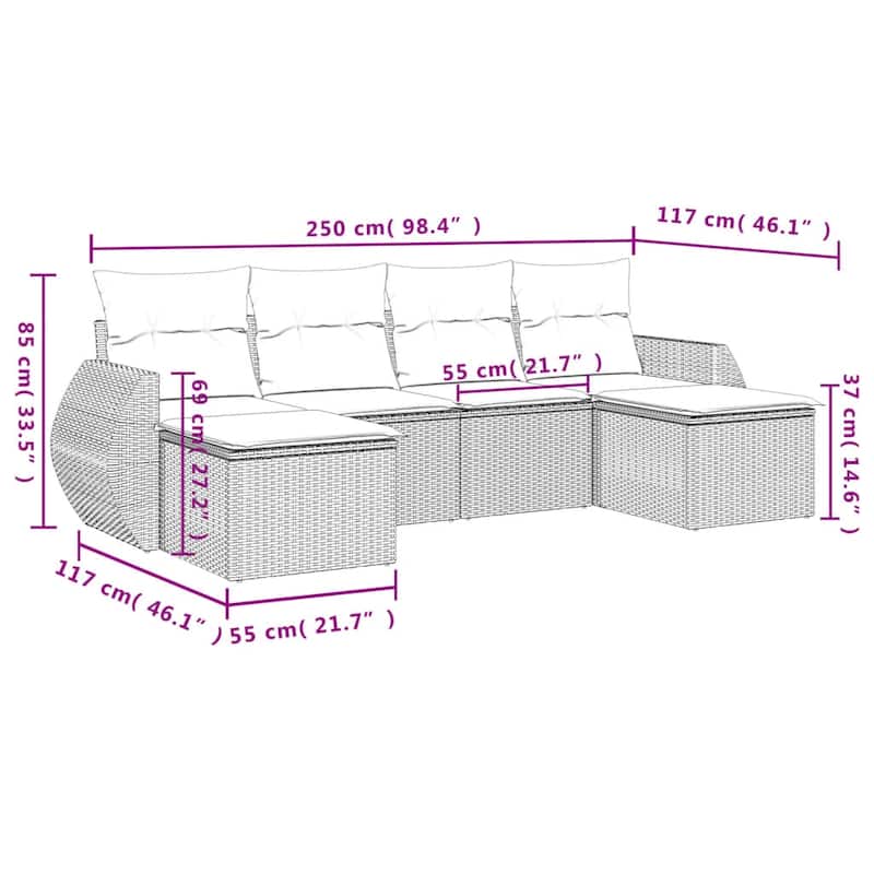 vidaXL 6 Piece Patio Sofa Set with Cushions Grey Poly Rattan - 21.7 x 24.4 x 27.2 (W x D x H)
