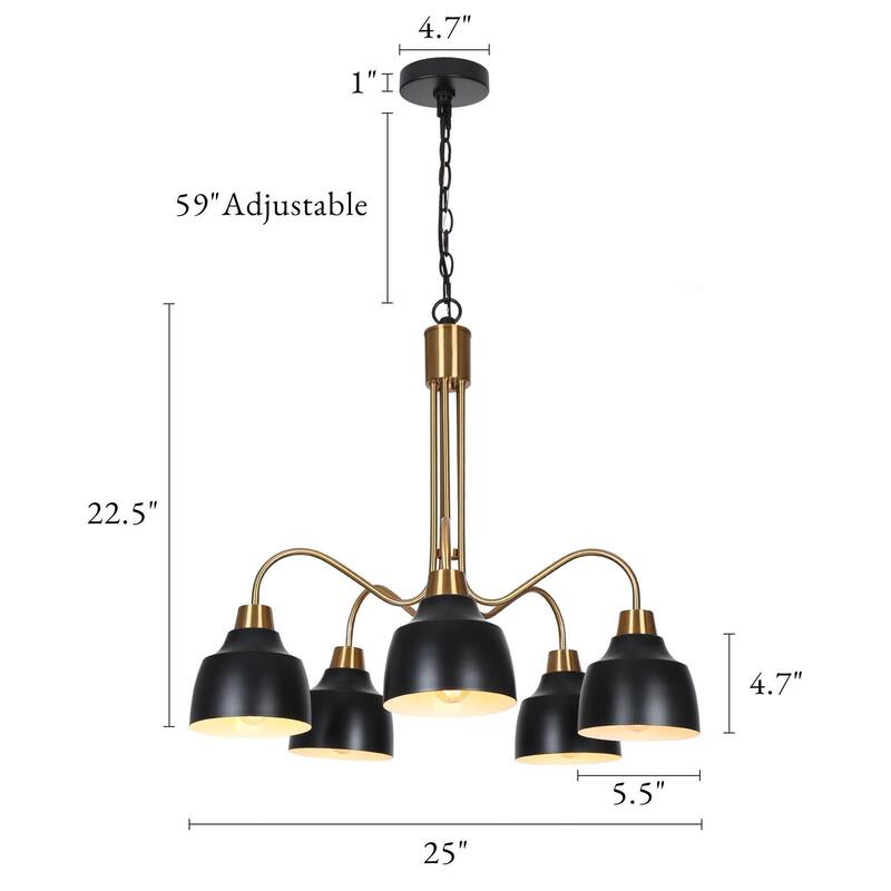 Mid-century Modern 5-Light Wheel Chandelier Black Gold Pendant for Dining Room Bedroom - Dia. 25.2" x H 22.4"