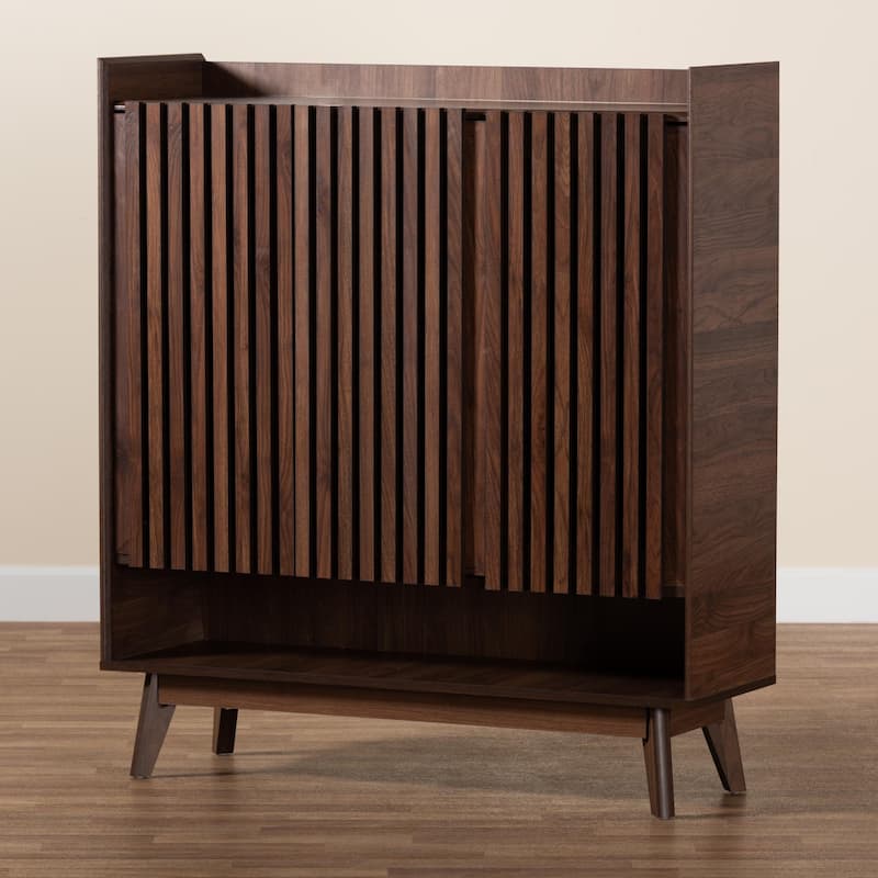 Delaire Mid-Century Modern Walnut Brown Finished Wood Shoe Cabinet