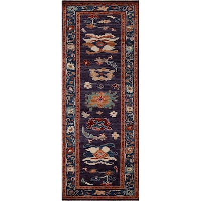 Hand Knotted Oriental 100% Wool Carpet Transitional All-Over Purples Oushak Runner Rug - 9' 11'' X 2' 10''