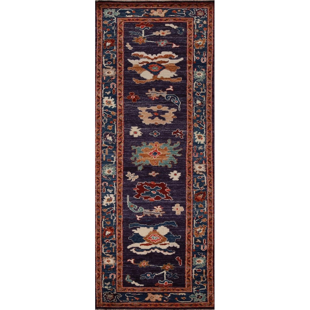Hand Knotted Oriental 100% Wool Carpet Transitional All-Over Purples Oushak Runner Rug - 9' 11'' X 2' 10''