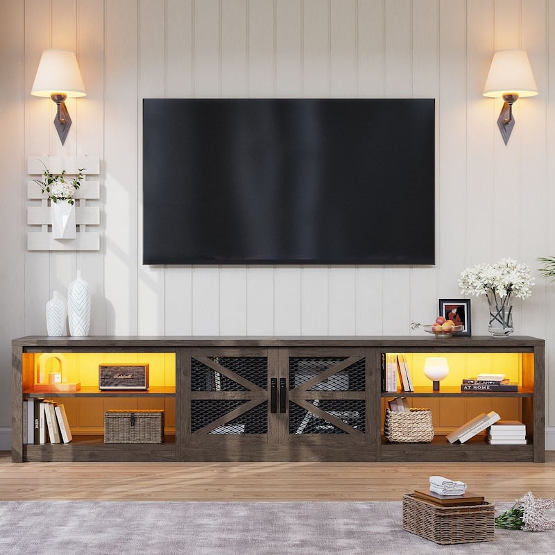 Gymojoy 78.7" Farmhouse TV Stand with LED Lights, Rustic Entertainment Center for 55-90" TV, Wood Media Console. - 78"W. - 78"W. - Grey.