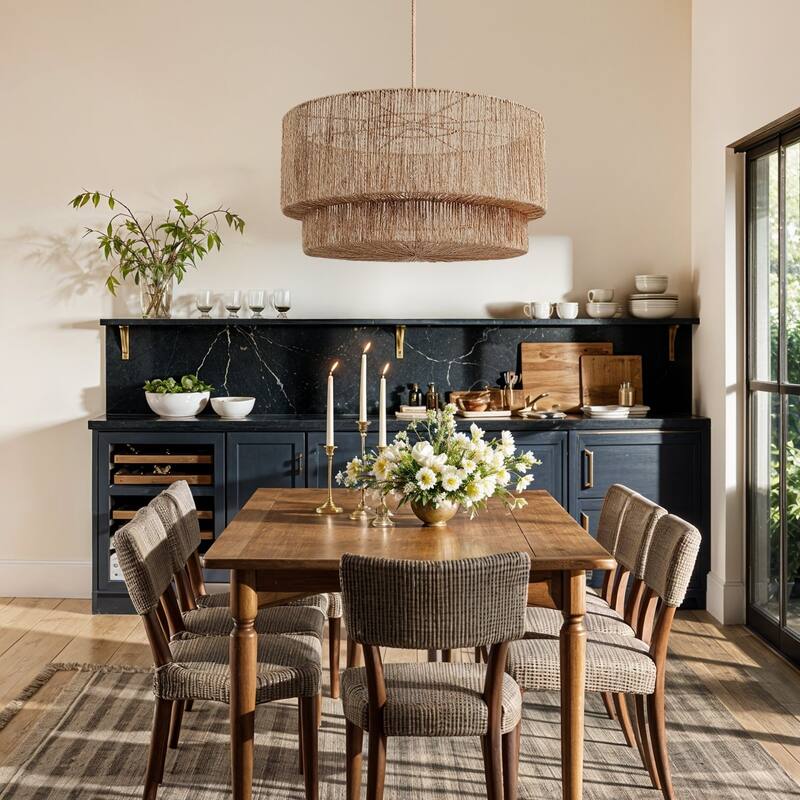 Luminous Rattan Pendant Light - Natural Drum Handwoven Light Fixture For Modern, Transitional, Farmhouse, Boho Room Décor.