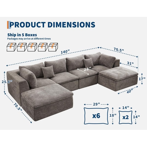 dimension image slide 1 of 3, 140" U-Shaped Modular Sectional Sofa, 6-Seater Oversized Chenille Couch with Double Chaise, Ottoman & Pillows
