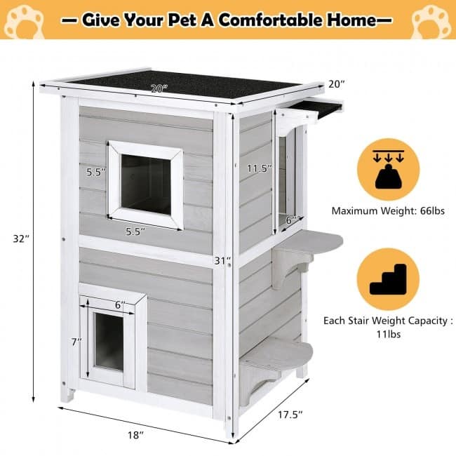 2-Story Wooden Cat House with Escape Door Rainproof - 17.5" x 18" x 31" (L x W x H)