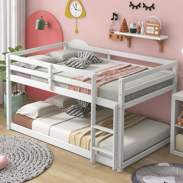 slide 2 of 10, Stylish & Simple Twin over Twin Floor Bunk Bed, Low Height Design, Safety and Quality Guaranteed, Stylistic Elements, White White