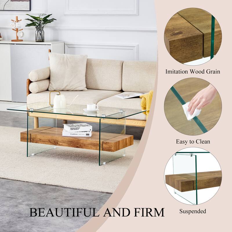 Roomfitters 43.3" Two-Tier Glass Coffee Table with Light Wood Shelf, Side Table or Display Stand