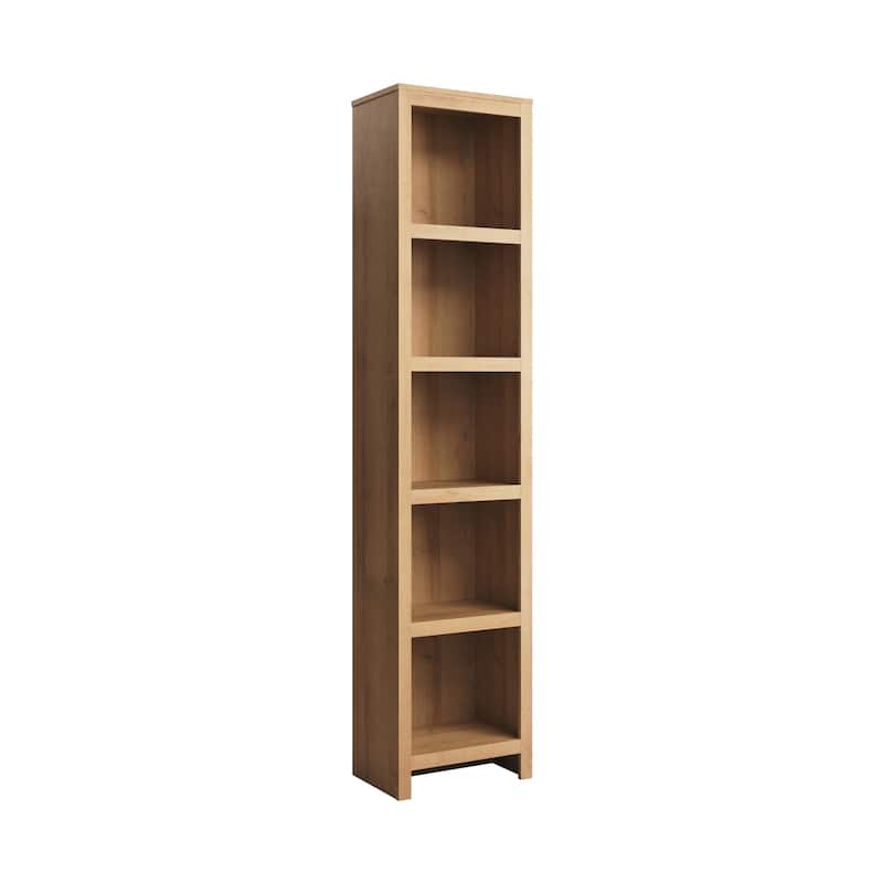 Prepac Moda 80" H 5-Tier Narrow Bookcase, Modern Storage Accent Bookshelf with 3 Adjustable Shelves for Home Office, Living Room - Natural Oak