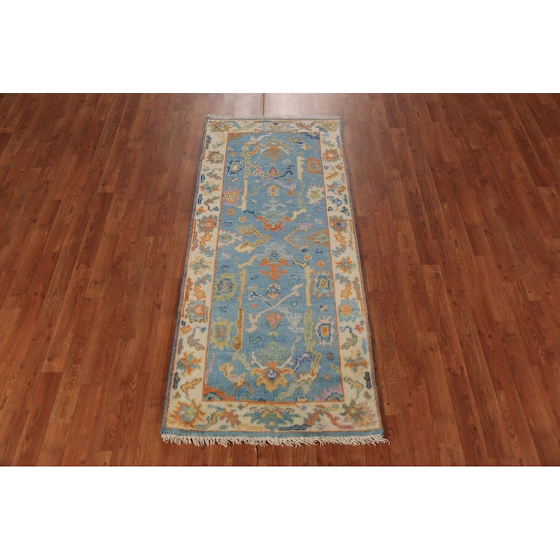 Light Blue & Ivory Oushak Indian Foyer Rug Hand-Knotted Wool Carpet - 2'6"x 6'1"