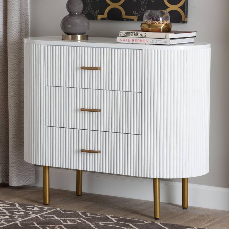 Beyla Mid-Century White Fluted Wood and Gold Metal 3-Drawer Dresser