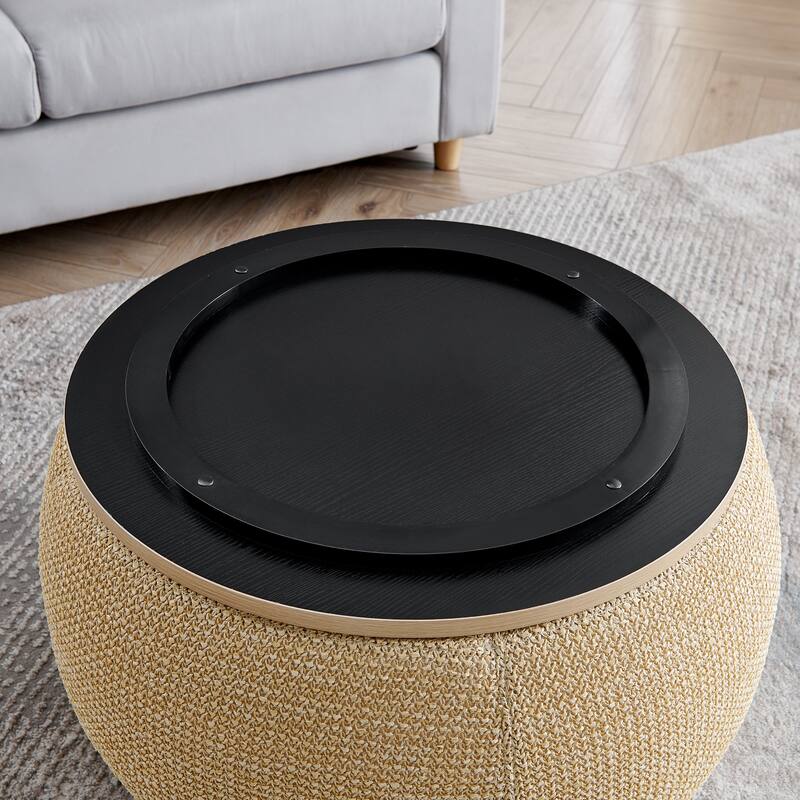 Round Storage Ottoman, Woven rattan fabric Ottoman, 2 in 1 Function, Work as End table and Ottoman,with small seat-nature