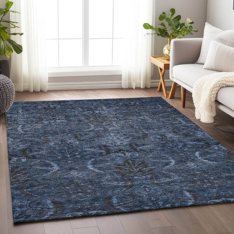 Machine Washable Indoor/ Outdoor Boho Traditional Chantille Rug - Navy - 5' x 7'6"
