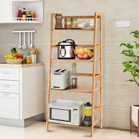 Costway Multifunctional 4 Shelf Bamboo Bookcase Ladder Plant Flower Stand Rack Storage - bamboo color