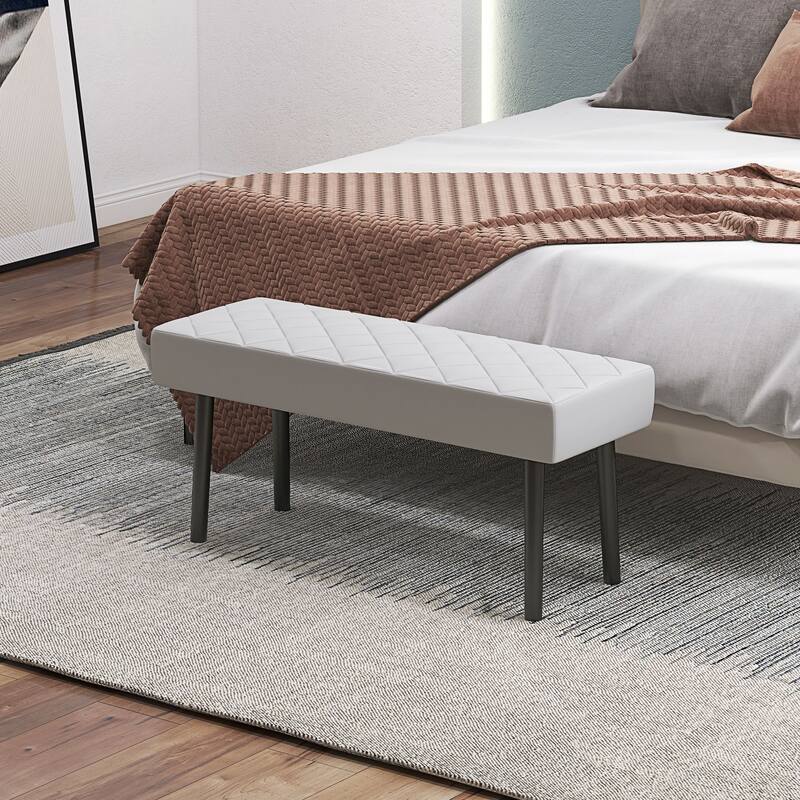 Gray Faux Leather Ottoman Bench with Diamond Pattern Steel Legs End of Bed Entryway Seating Durable Easy Clean