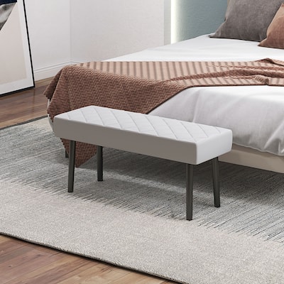 Gray Faux Leather Ottoman Bench with Diamond Pattern Steel Legs End of Bed Entryway Seating Durable Easy Clean