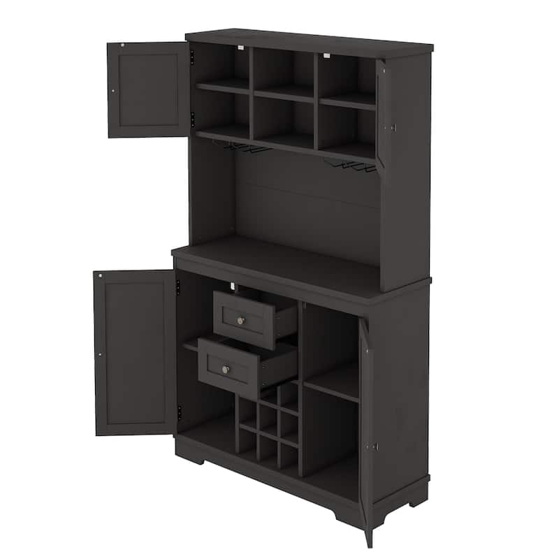 Coffee Bar Cabinet with Drawers, Freestanding Kitchen Pantry with Shelves and Cabinets, Buffet Cabinet with Glass Racks