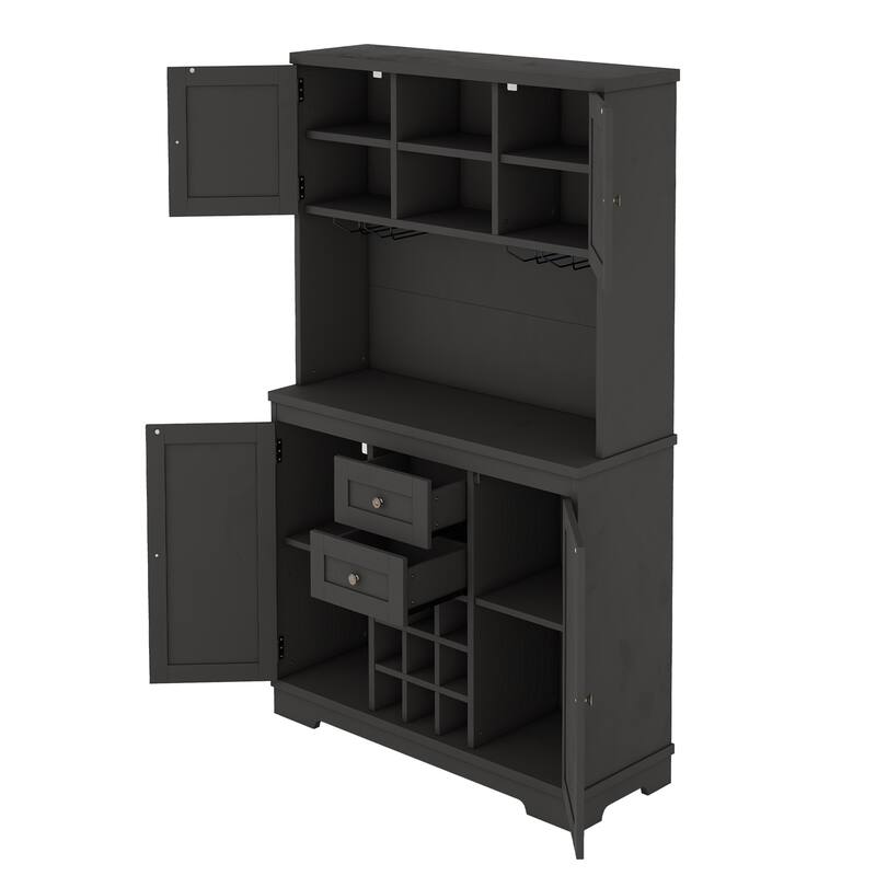 Farmhouse Coffee Bar Cabinet with Shelves and Cabinets, Wine Cabinet with Glass Racks, Sideboard Buffet Cabinet, Pantry Cabinet