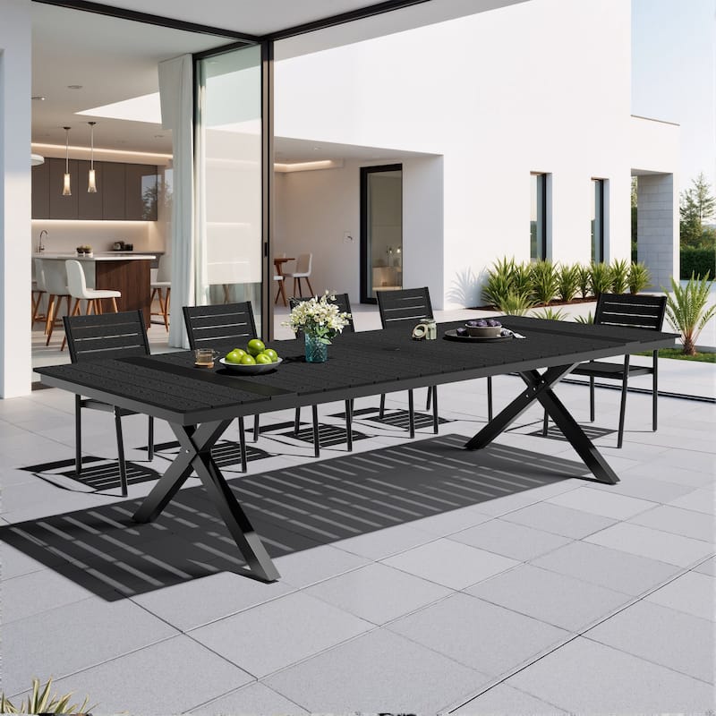 Outdoor Patio Aluminum Dining Rectangular Table with Umbrella Hole - Black - 118.11 inches long
