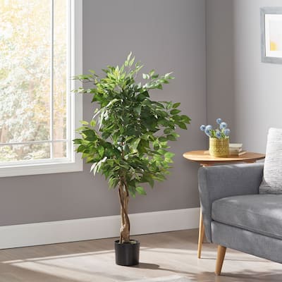 Roomfitters 47 Inch Artificial Ficus Tree, Faux Indoor Plant with Natural Trunk for Home and Office Decor, Green