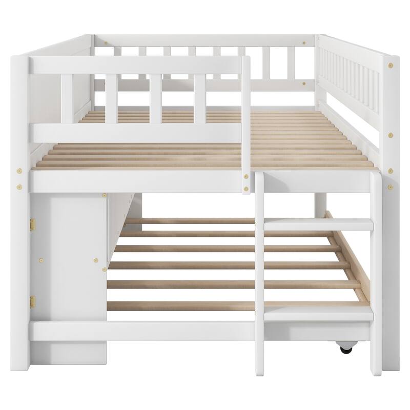 Twin Size Low Loft Bed with Trundle, Solid Wood Bed Frame with Storage Shelves & Blackboard, Space-Saving Design for Small Rooms